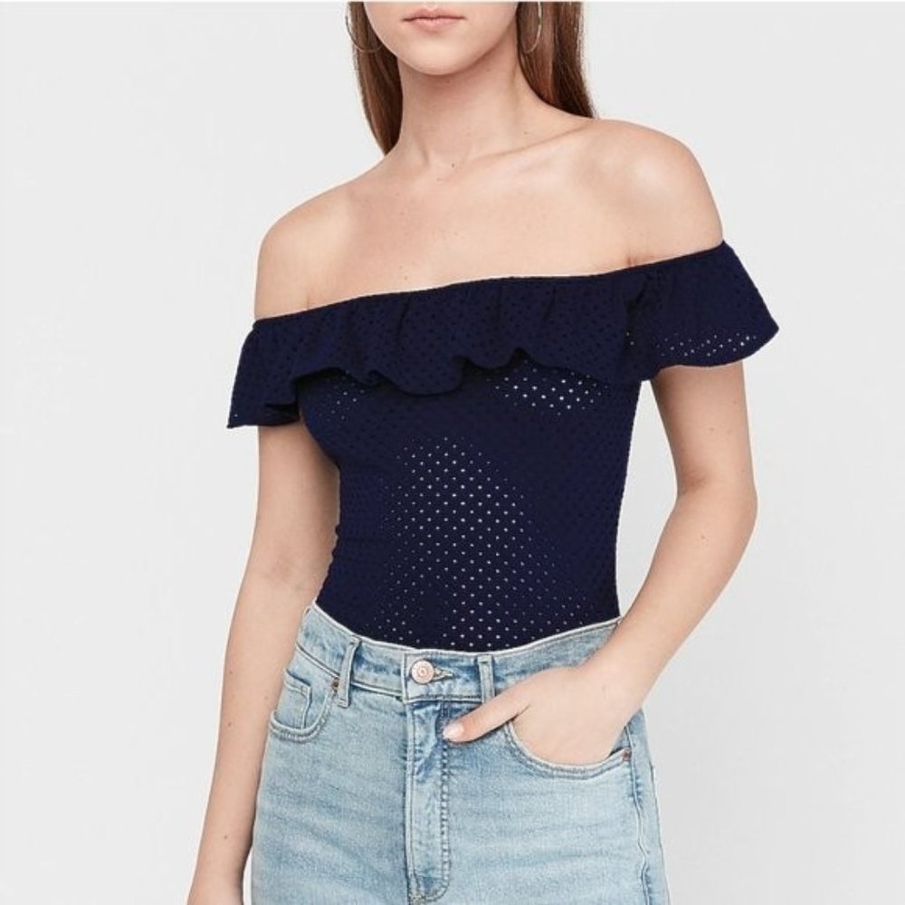 Express Eyelet Lace Ruffle Off The Shoulder Thong Bodysuit S